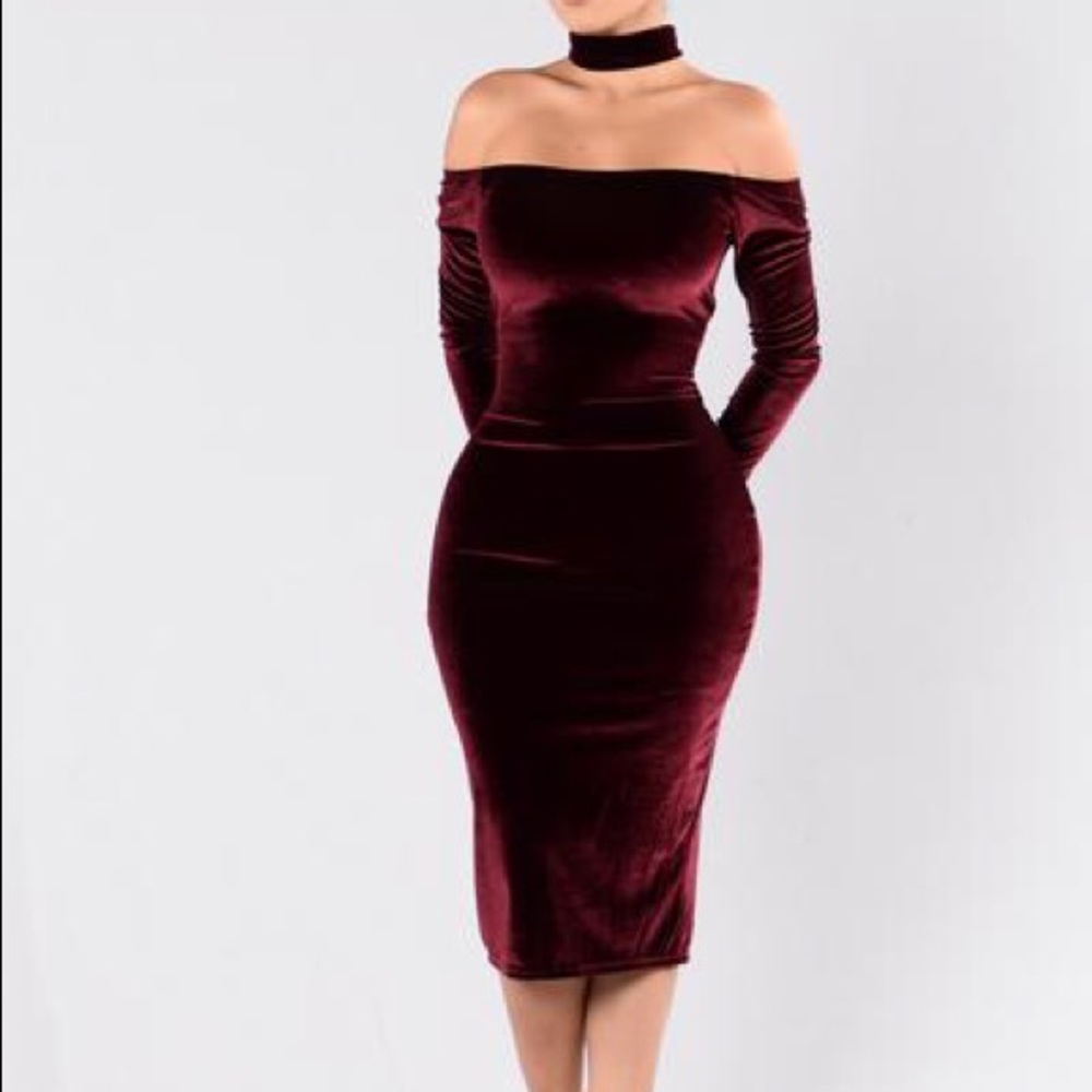 Valentines Burgundy off the shoulder choker dress